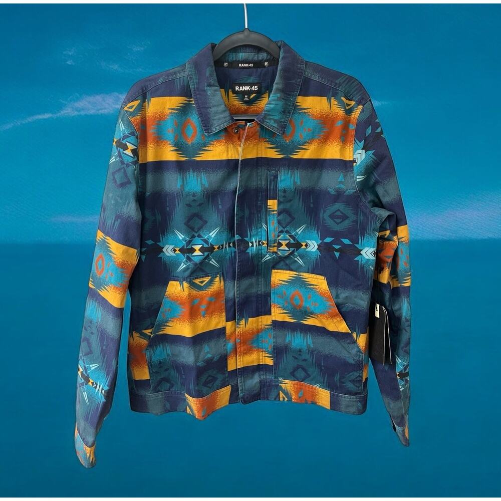 NWT Rank 45 Heavy‎ Jacket Men’s SIZE Medium Aztec Western Print Dark Blue Rust